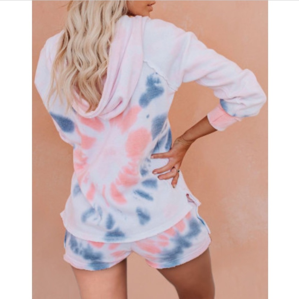 Pink Pocketed Tie-dye Hoodie & Shorts set - Picture 6 of 7